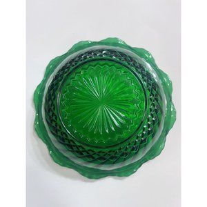 VINTAGE ANCHOR HOCKING EMERALD GREEN RUFFLED EDGE DIAMOND PATTERN BOWL 6 1/2”